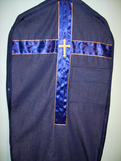 Denim Garment Bag w/ Woven Cross on Satin