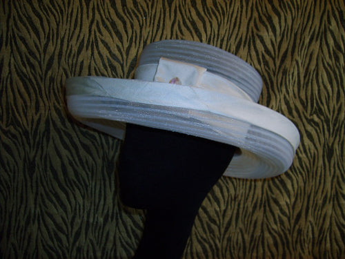 White Sheer Wide Up-Brim Hat Trimmed with Dupioni Silk