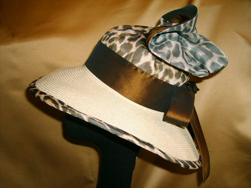 Wide Brim Straw with Sheer Leopard print in Pom Pom Style